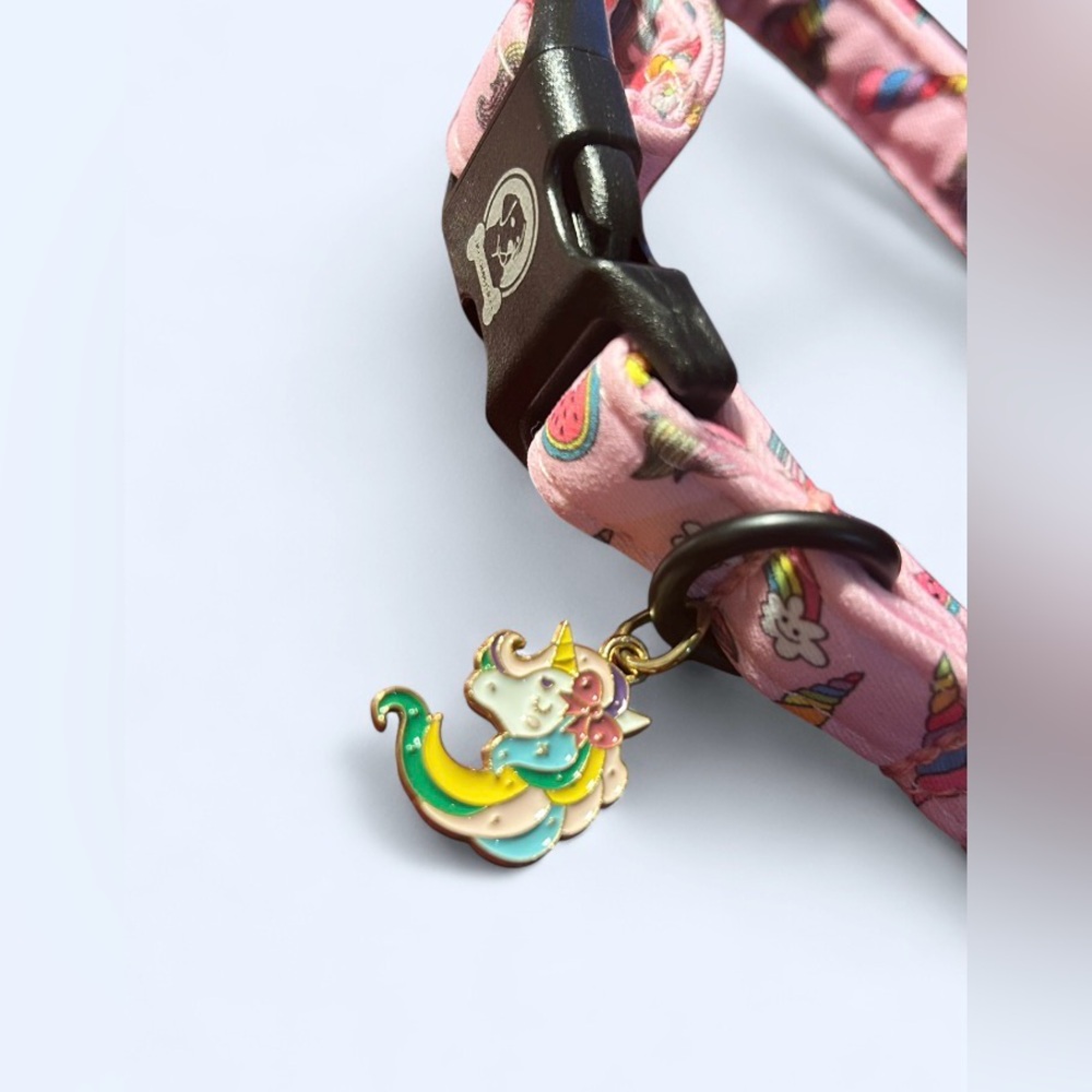 Mr. Chubby Face Pink Collar NEW – Unicorn 🦄 Charm & Skull Buckle - Picture 2 of 5